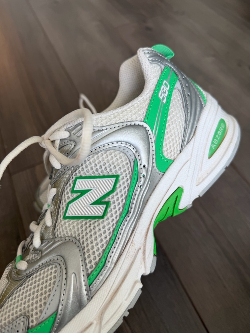 New Balance 530 White, Silver & Green Kids' Athletic Sneakers - Picture 2 of 7